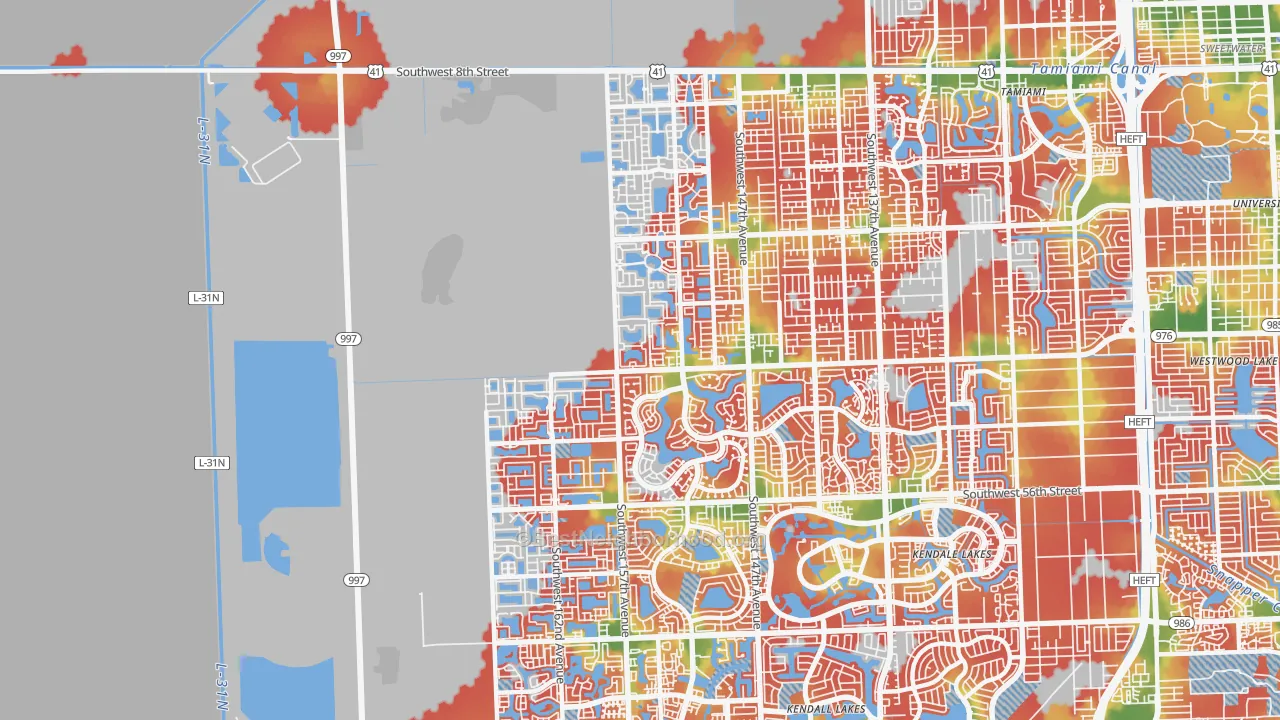 Walk Grade map of 33185, FL, walkable areas in green and car-dependent areas in red