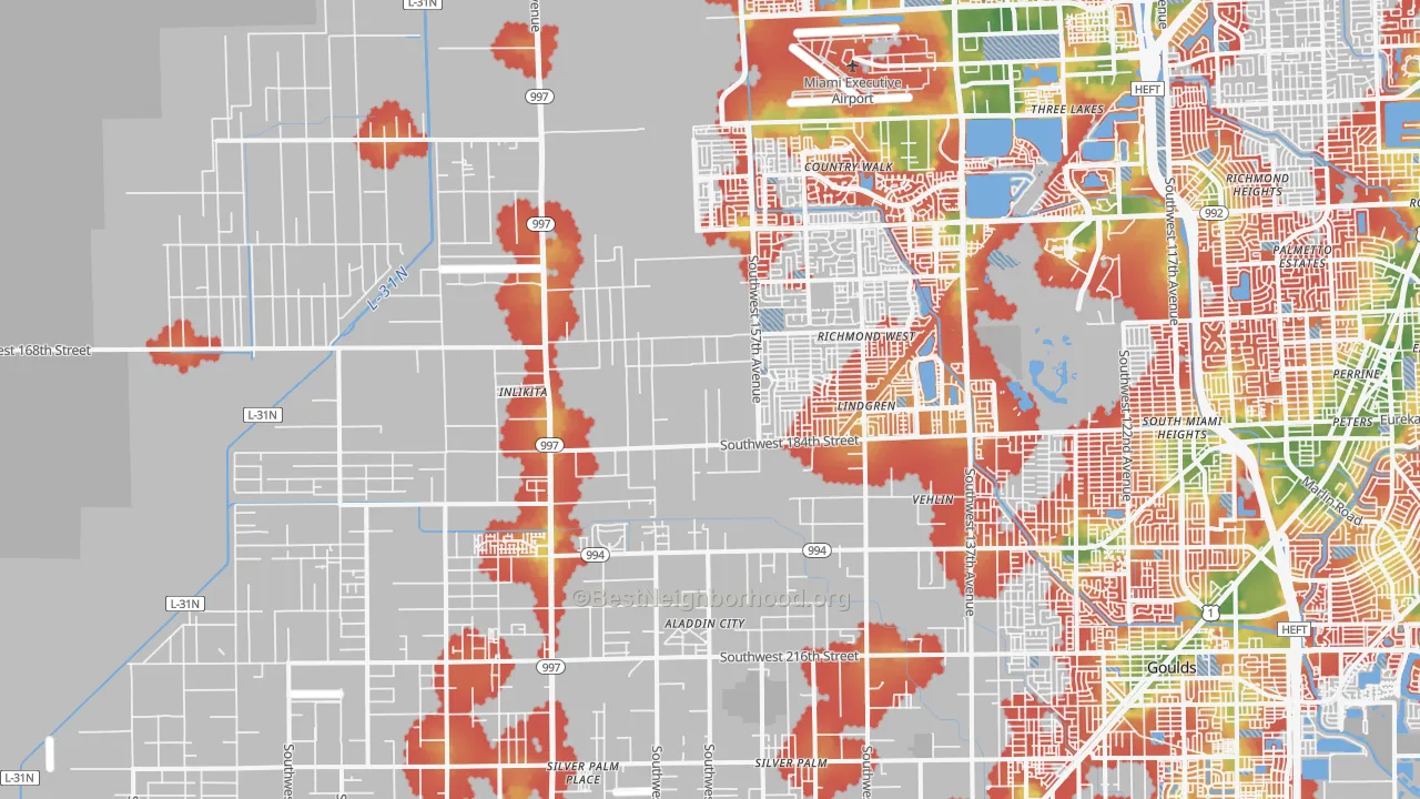 Walk Grade map of 33187, FL, walkable areas in green and car-dependent areas in red