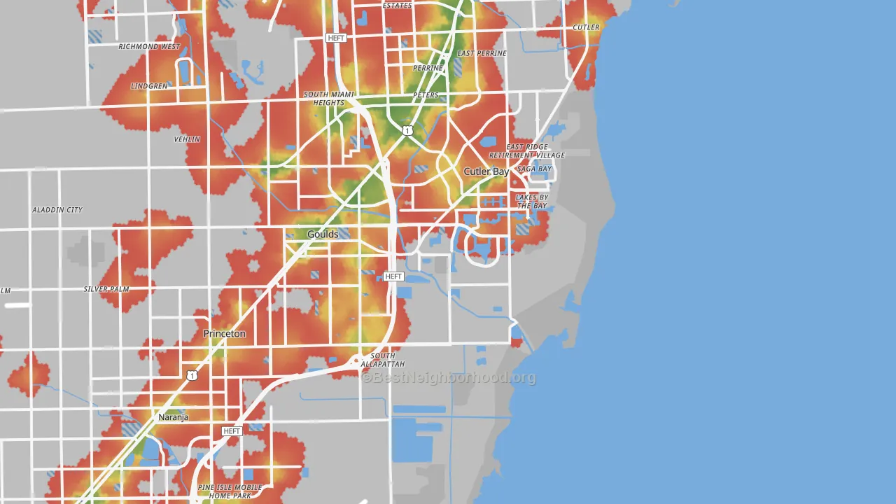 Walk Grade map of 33190, FL, walkable areas in green and car-dependent areas in red