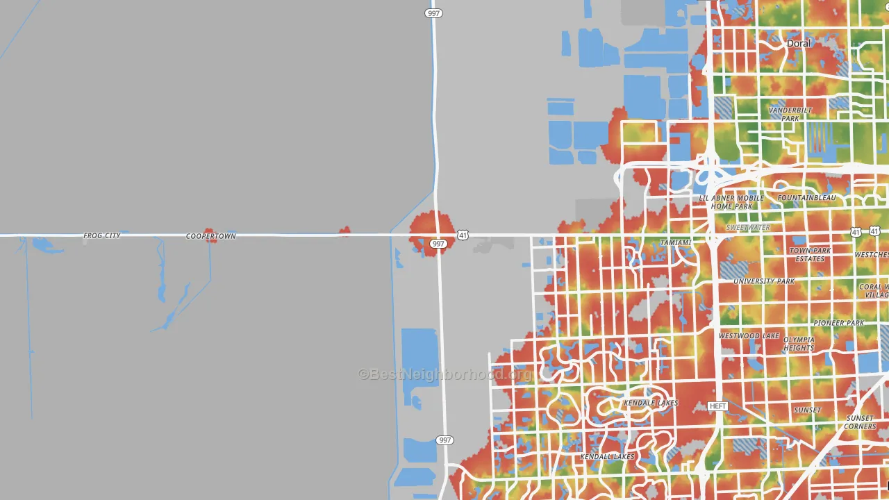 Walk Grade map of 33194, FL, walkable areas in green and car-dependent areas in red