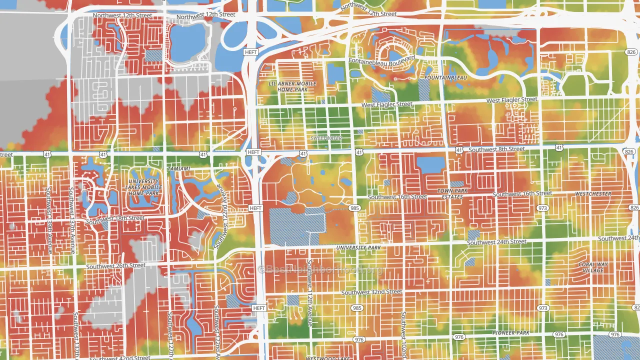 Walk Grade map of 33199, FL, walkable areas in green and car-dependent areas in red