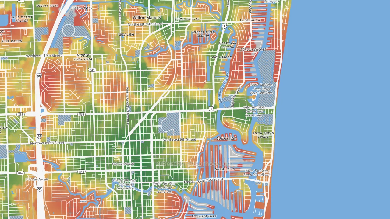 Walk Grade map of 33304, FL, walkable areas in green and car-dependent areas in red