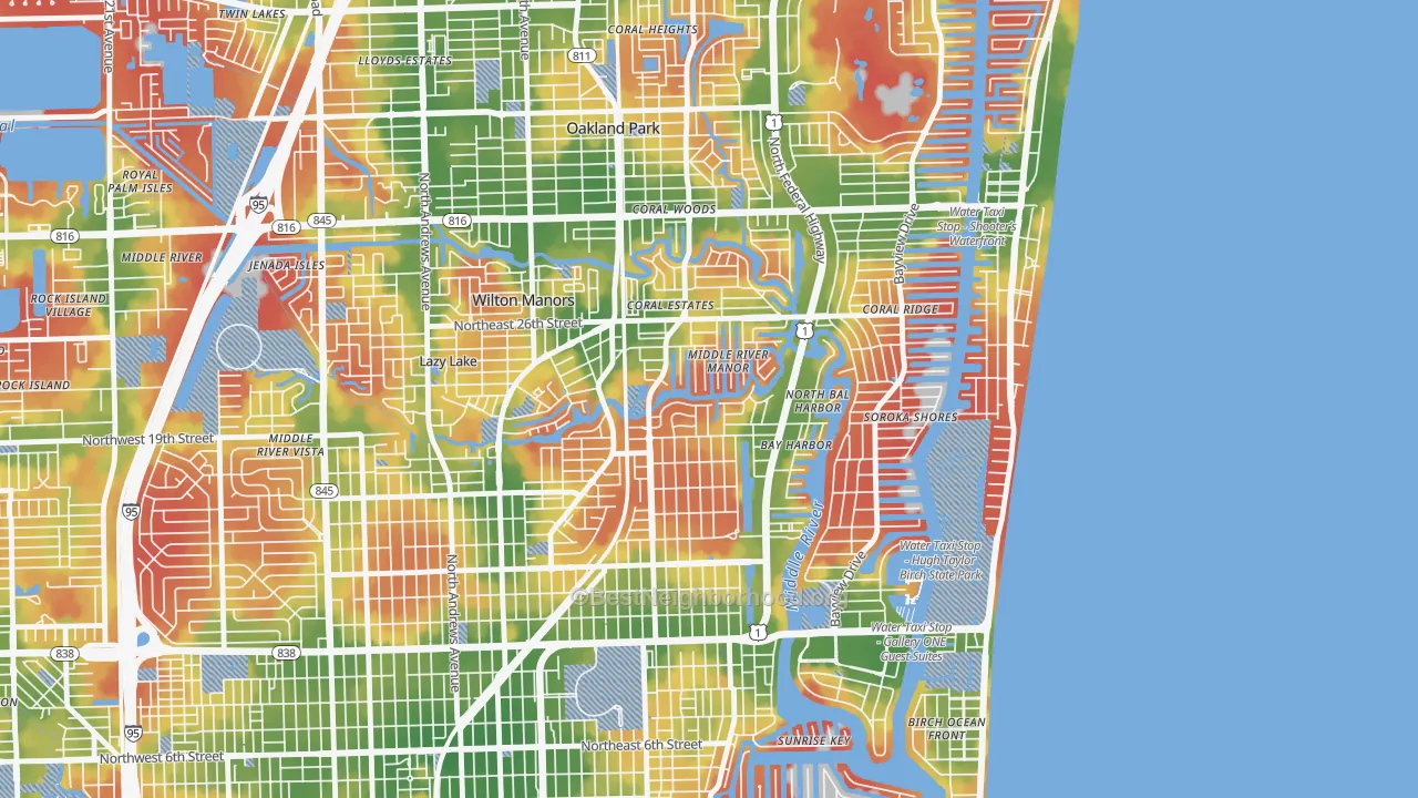 Walk Grade map of 33305, FL, walkable areas in green and car-dependent areas in red