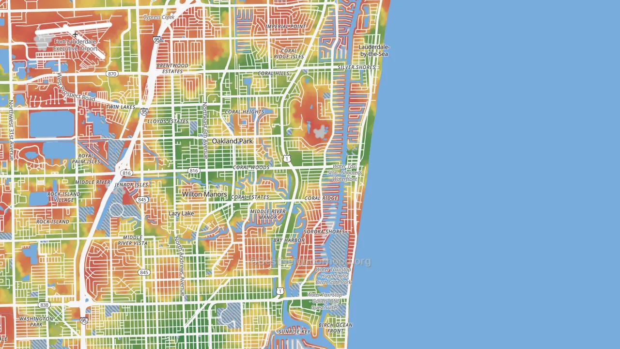 Walk Grade map of 33306, FL, walkable areas in green and car-dependent areas in red
