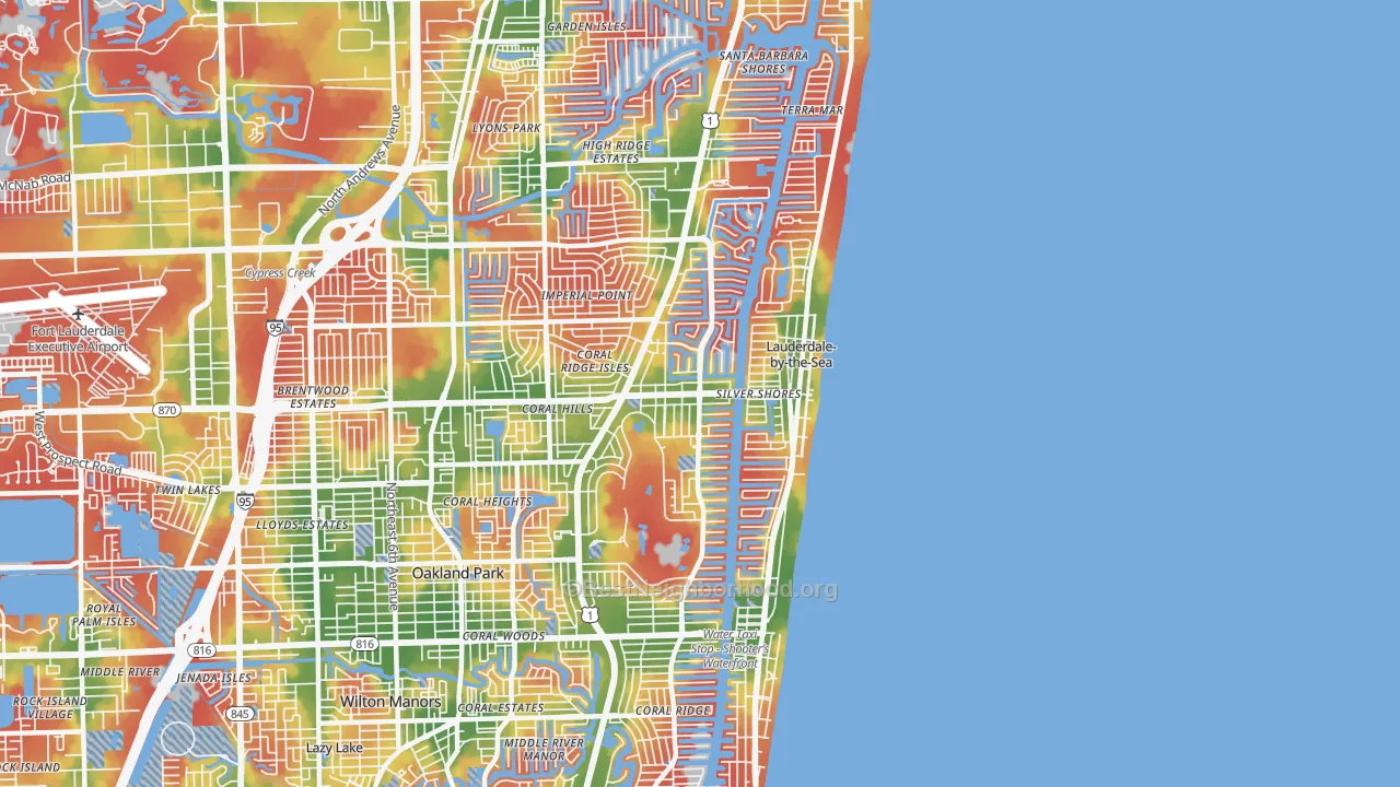 Walk Grade map of 33308, FL, walkable areas in green and car-dependent areas in red