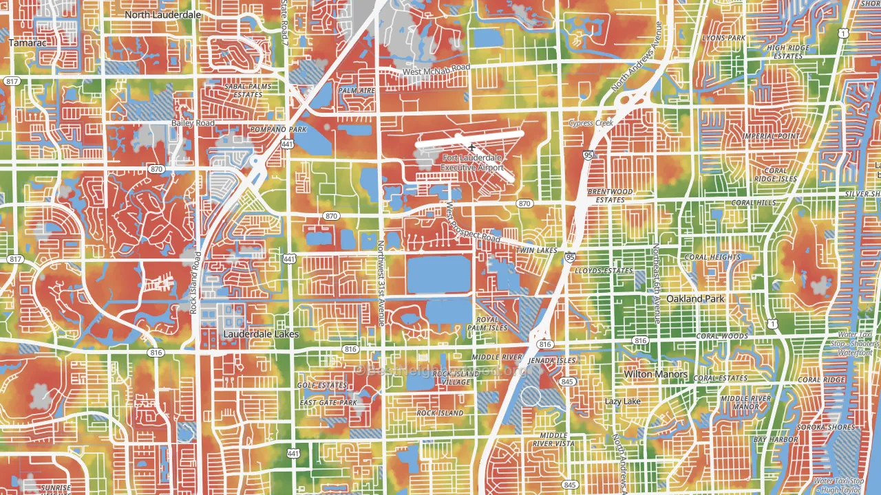 Walk Grade map of 33309, FL, walkable areas in green and car-dependent areas in red