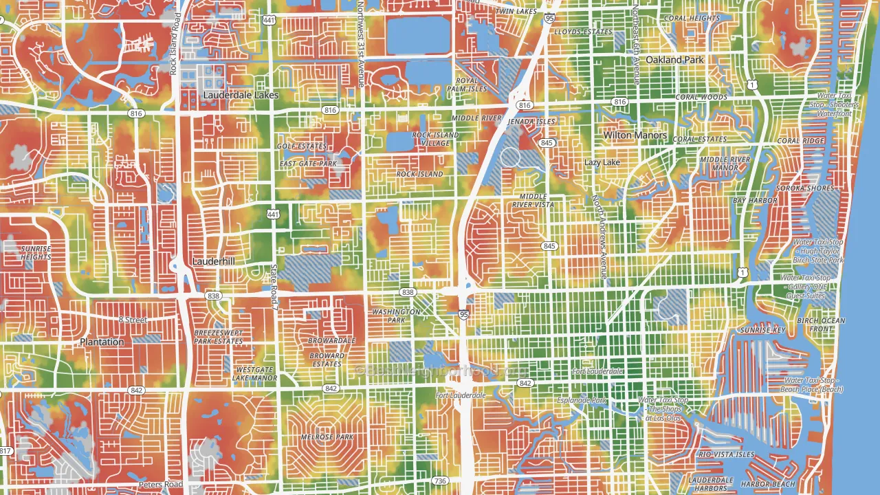 Walk Grade map of 33311, FL, walkable areas in green and car-dependent areas in red