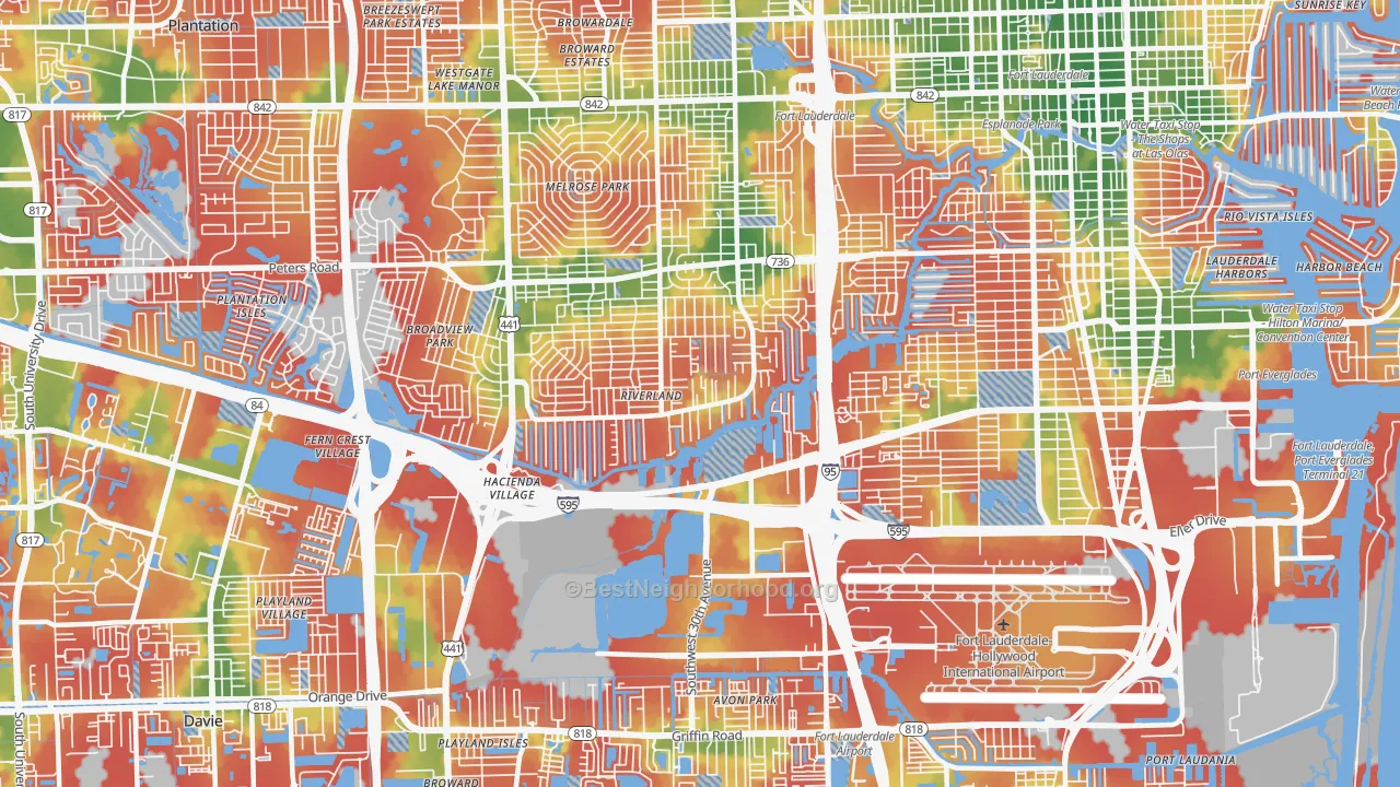 Walk Grade map of 33312, FL, walkable areas in green and car-dependent areas in red