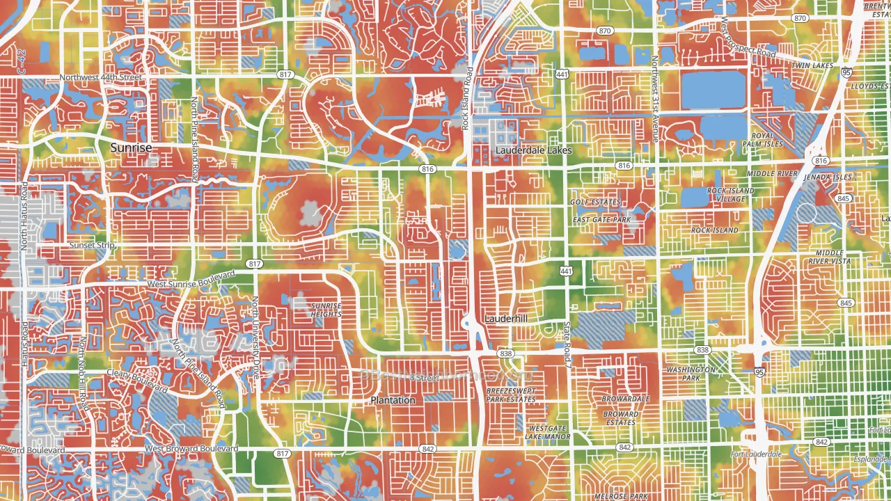 Walk Grade map of 33313, FL, walkable areas in green and car-dependent areas in red
