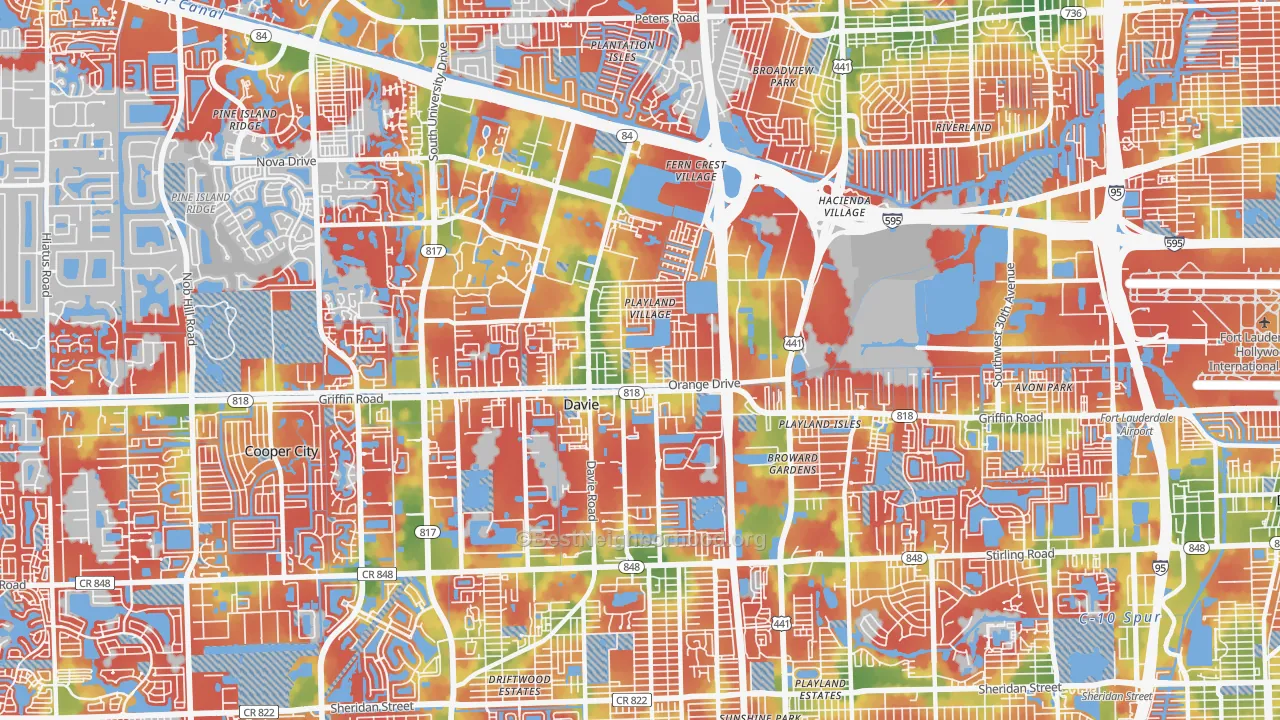 Walk Grade map of 33314, FL, walkable areas in green and car-dependent areas in red