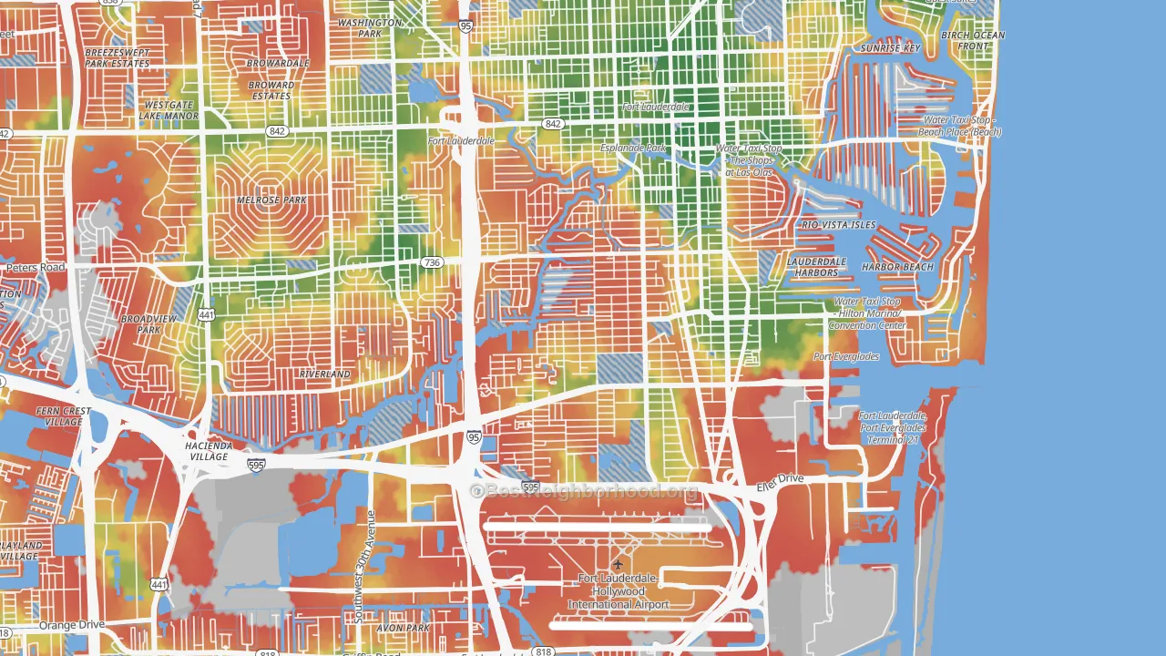 Walk Grade map of 33315, FL, walkable areas in green and car-dependent areas in red