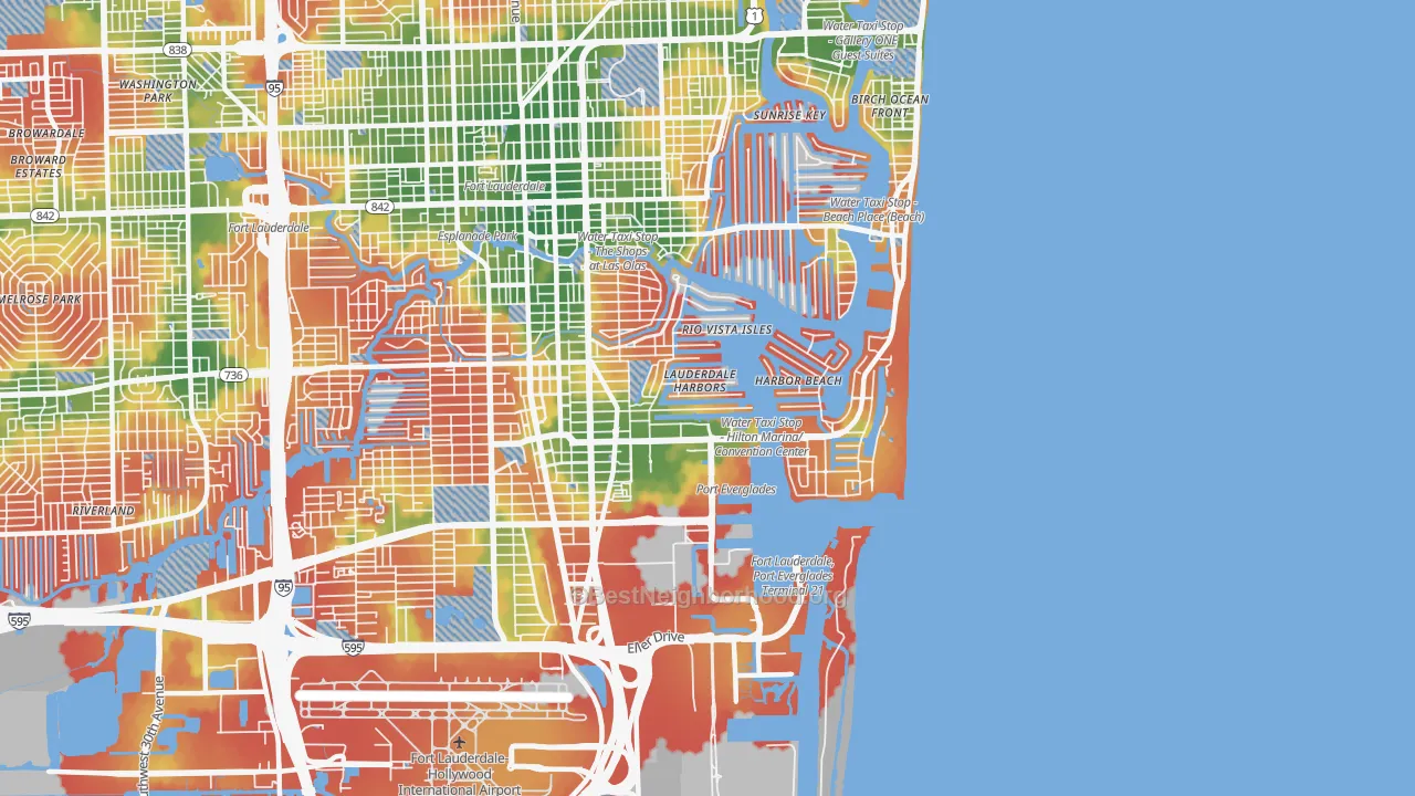 Walk Grade map of 33316, FL, walkable areas in green and car-dependent areas in red