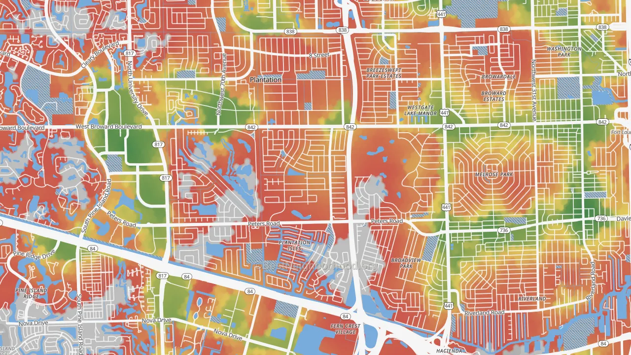 Walk Grade map of 33317, FL, walkable areas in green and car-dependent areas in red