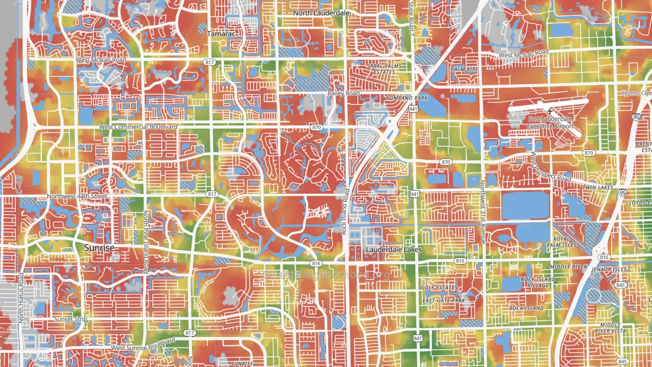 Walk Grade map of 33319, FL, walkable areas in green and car-dependent areas in red
