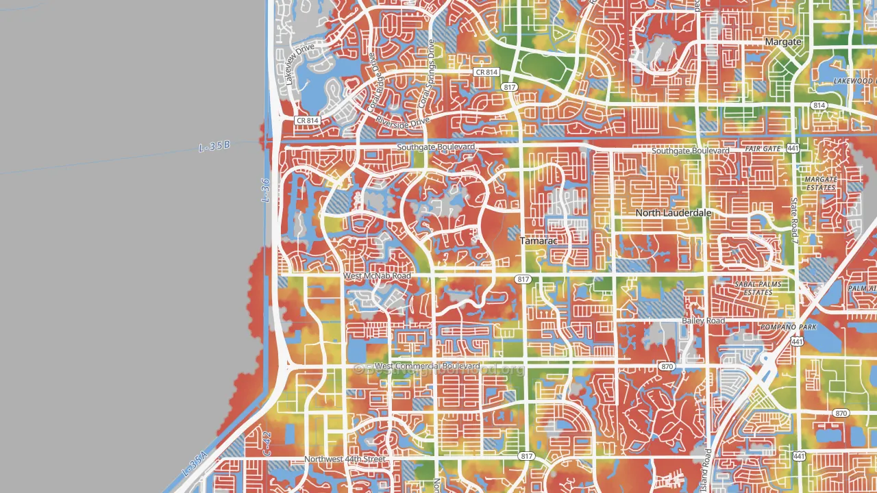 Walk Grade map of 33321, FL, walkable areas in green and car-dependent areas in red