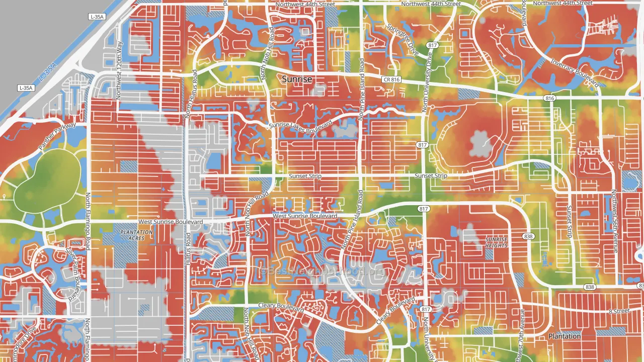 Walk Grade map of 33322, FL, walkable areas in green and car-dependent areas in red