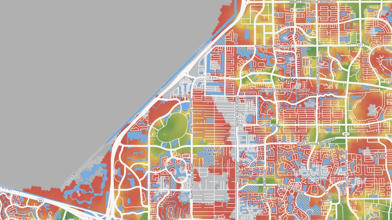 Walk Grade map of 33323, FL, walkable areas in green and car-dependent areas in red