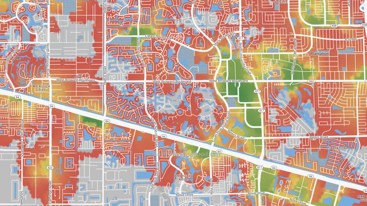 Walk Grade map of 33324, FL, walkable areas in green and car-dependent areas in red