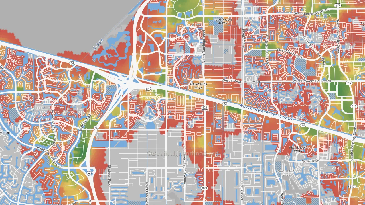 Walk Grade map of 33325, FL, walkable areas in green and car-dependent areas in red