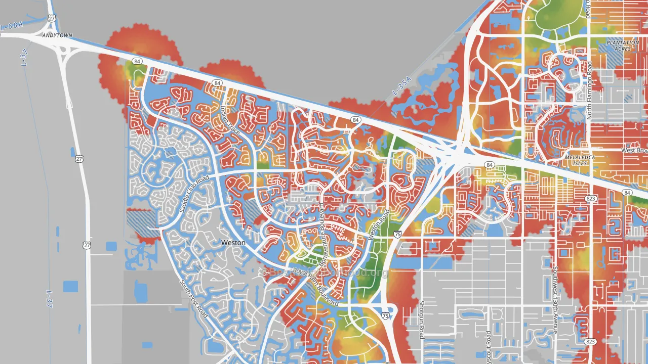 Walk Grade map of 33326, FL, walkable areas in green and car-dependent areas in red
