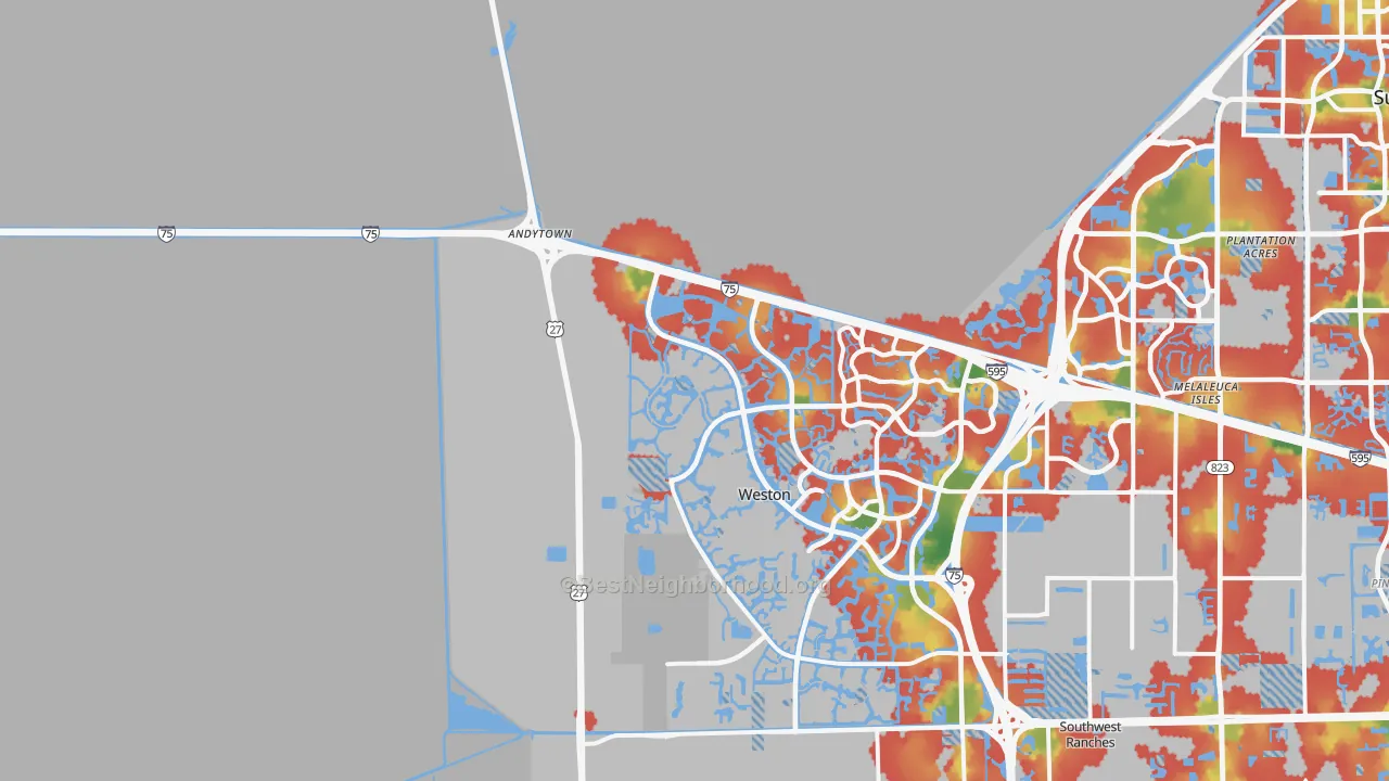 Walk Grade map of 33327, FL, walkable areas in green and car-dependent areas in red