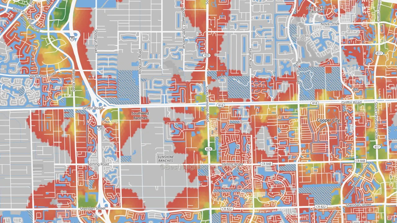 Walk Grade map of 33330, FL, walkable areas in green and car-dependent areas in red