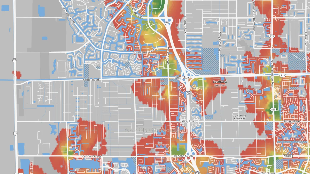 Walk Grade map of 33331, FL, walkable areas in green and car-dependent areas in red