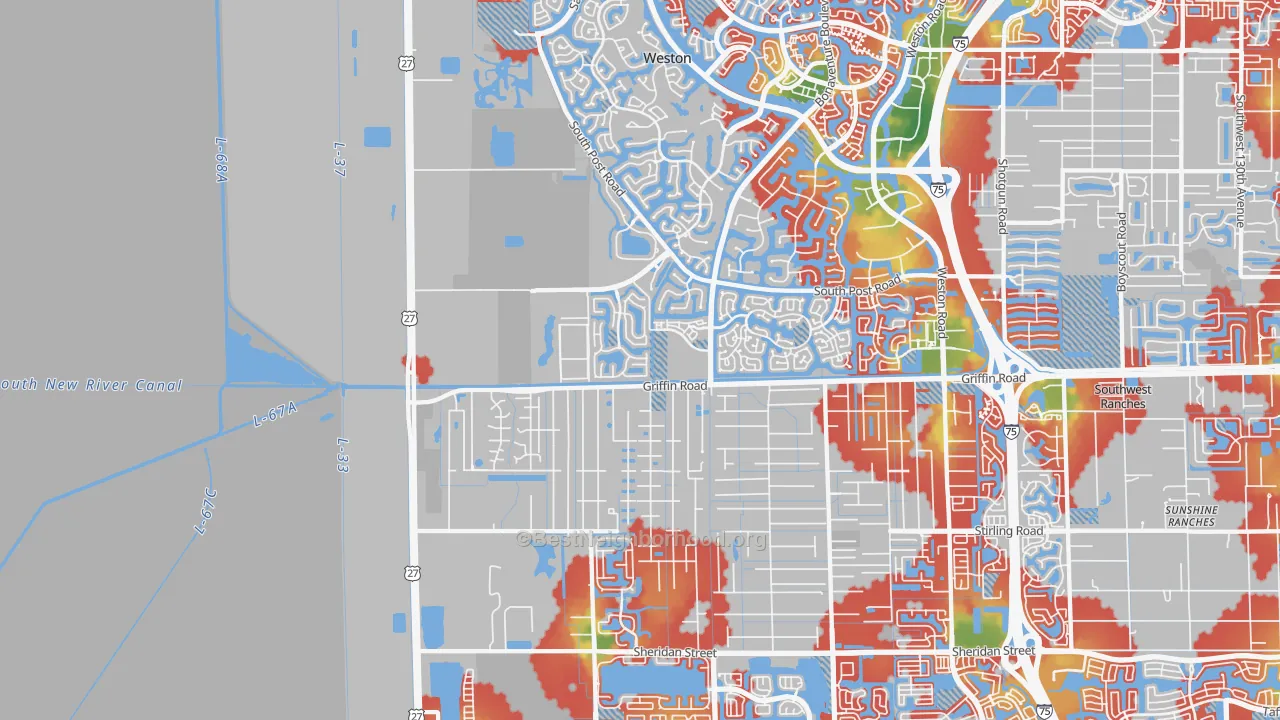 Walk Grade map of 33332, FL, walkable areas in green and car-dependent areas in red