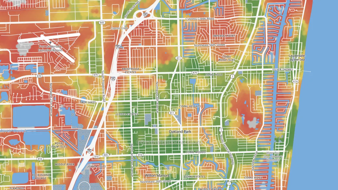 Walk Grade map of 33334, FL, walkable areas in green and car-dependent areas in red
