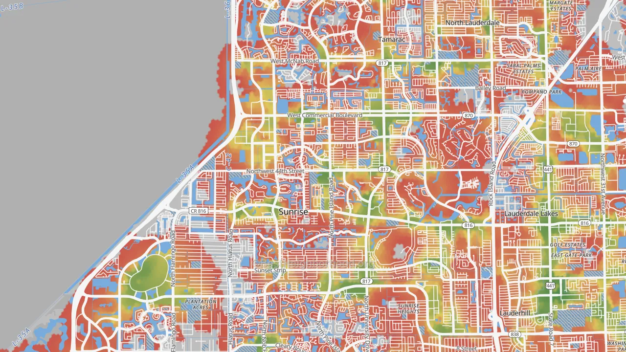 Walk Grade map of 33351, FL, walkable areas in green and car-dependent areas in red