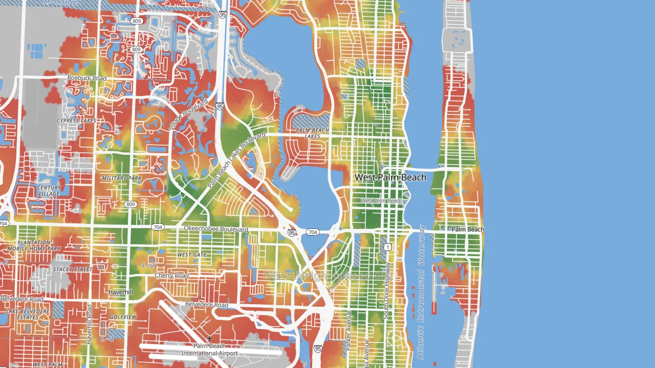 Walk Grade map of 33401, FL, walkable areas in green and car-dependent areas in red