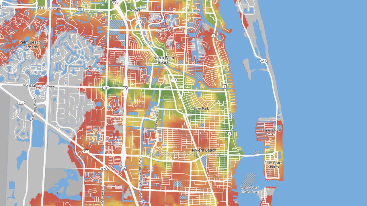 Walk Grade map of 33403, FL, walkable areas in green and car-dependent areas in red