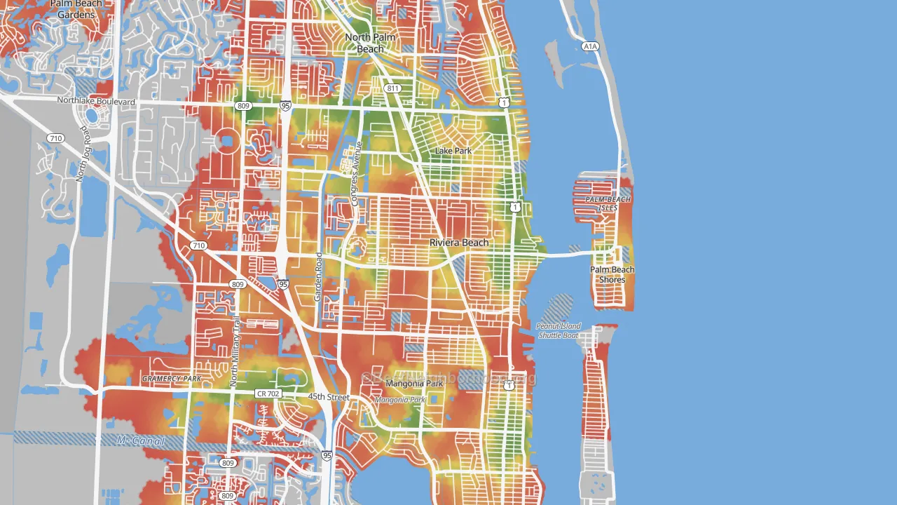 Walk Grade map of 33404, FL, walkable areas in green and car-dependent areas in red