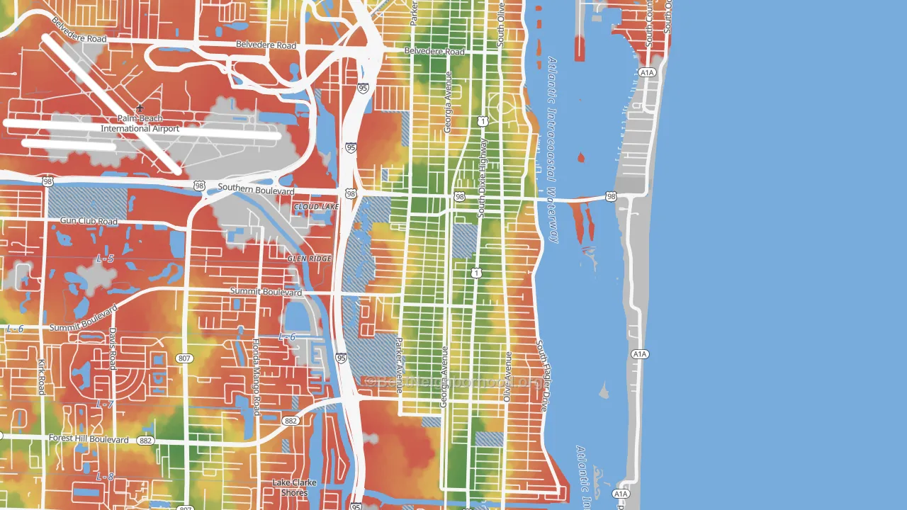 Walk Grade map of 33405, FL, walkable areas in green and car-dependent areas in red