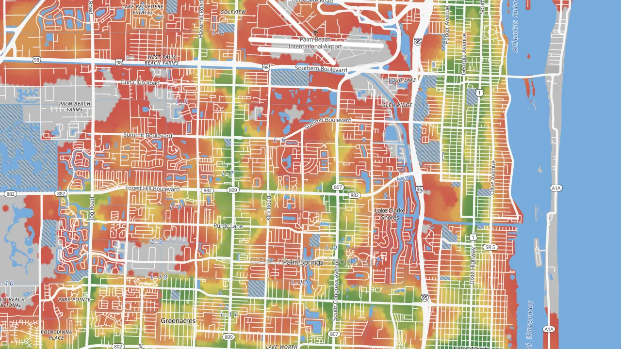 Walk Grade map of 33406, FL, walkable areas in green and car-dependent areas in red