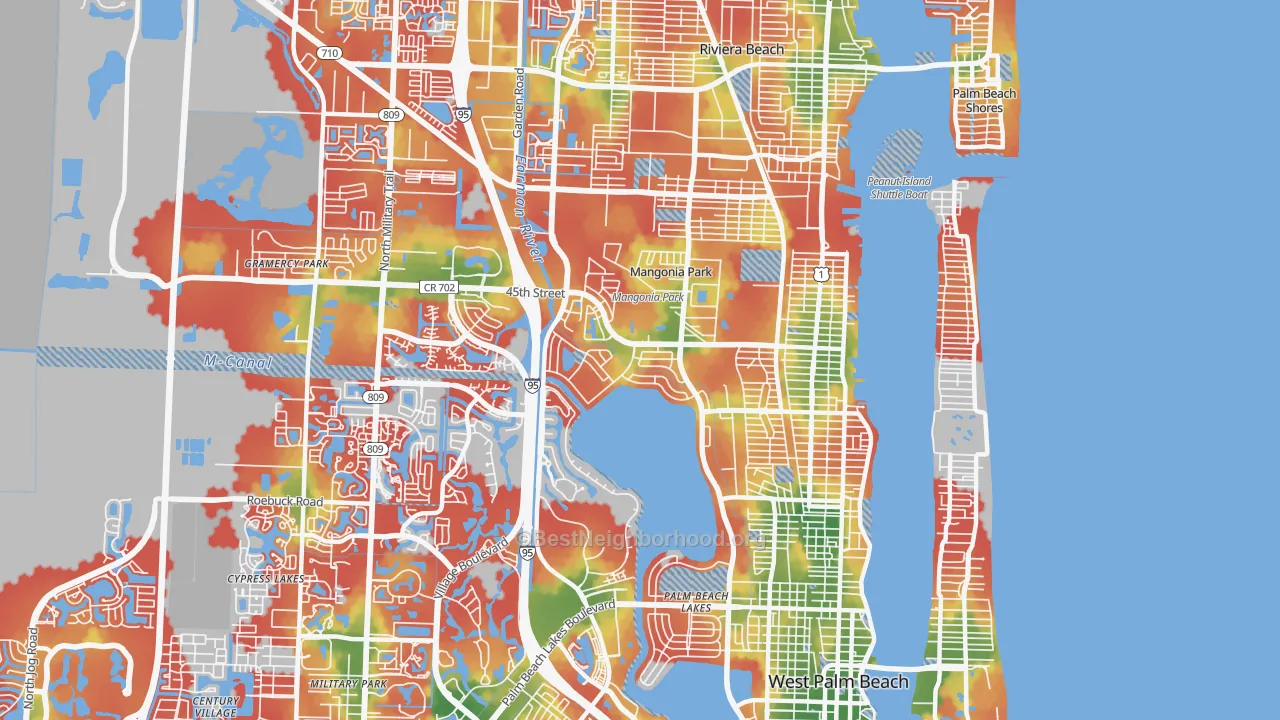 Walk Grade map of 33407, FL, walkable areas in green and car-dependent areas in red