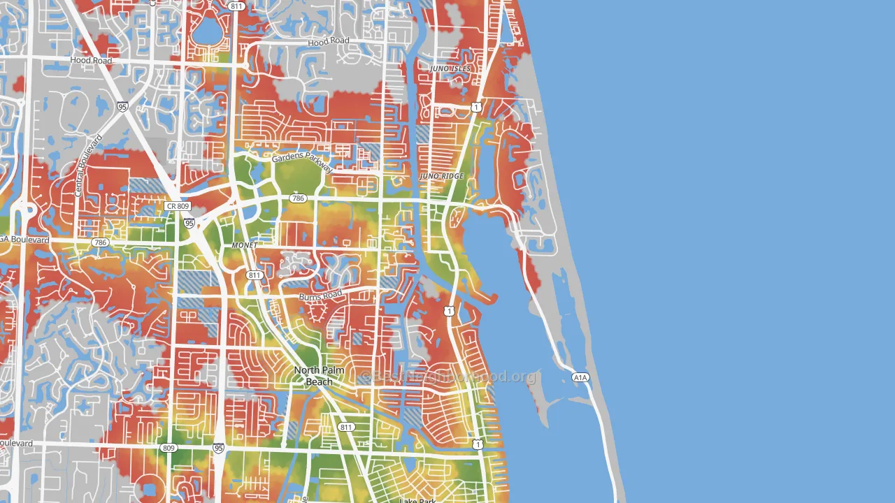 Walk Grade map of 33408, FL, walkable areas in green and car-dependent areas in red