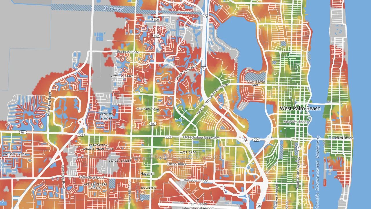 Walk Grade map of 33409, FL, walkable areas in green and car-dependent areas in red
