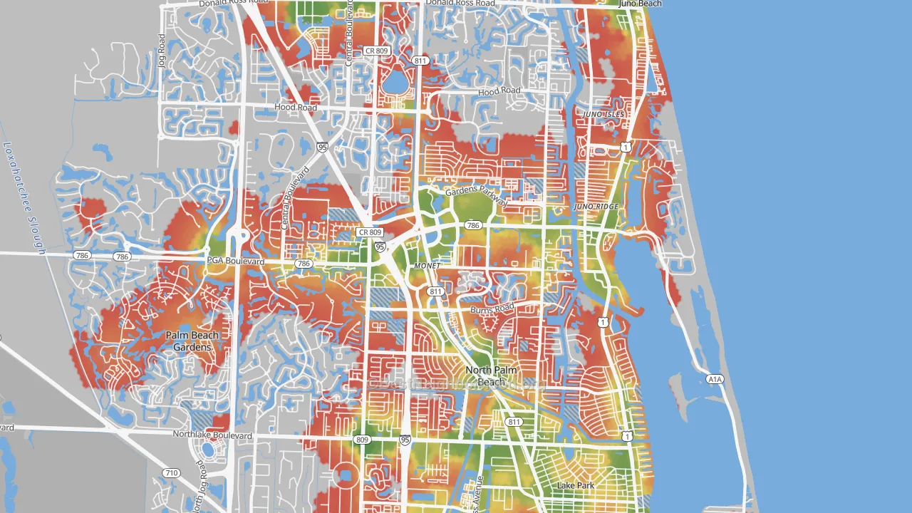 Walk Grade map of 33410, FL, walkable areas in green and car-dependent areas in red