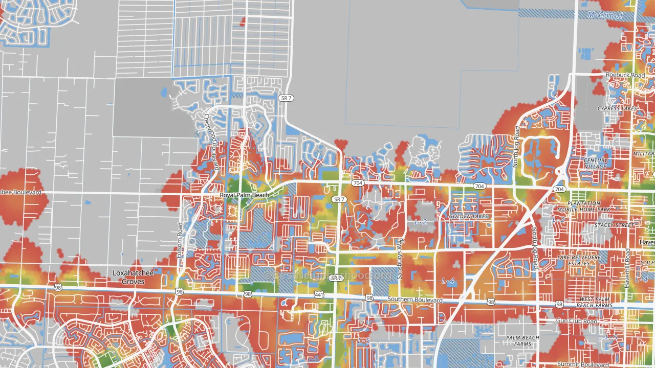Walk Grade map of 33411, FL, walkable areas in green and car-dependent areas in red