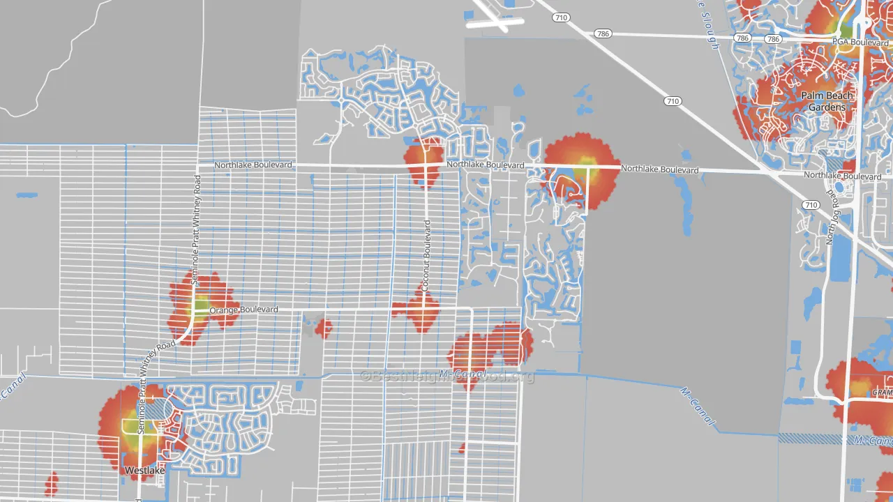 Walk Grade map of 33412, FL, walkable areas in green and car-dependent areas in red