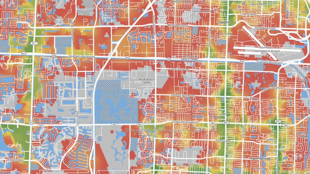 Walk Grade map of 33413, FL, walkable areas in green and car-dependent areas in red