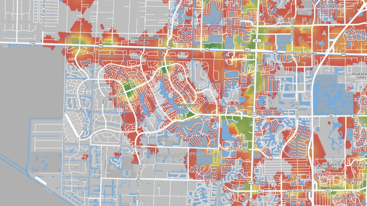 Walk Grade map of 33414, FL, walkable areas in green and car-dependent areas in red