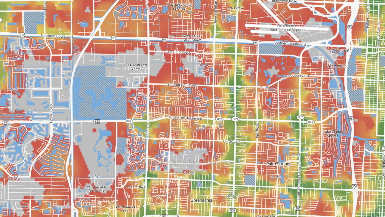 Walk Grade map of 33415, FL, walkable areas in green and car-dependent areas in red