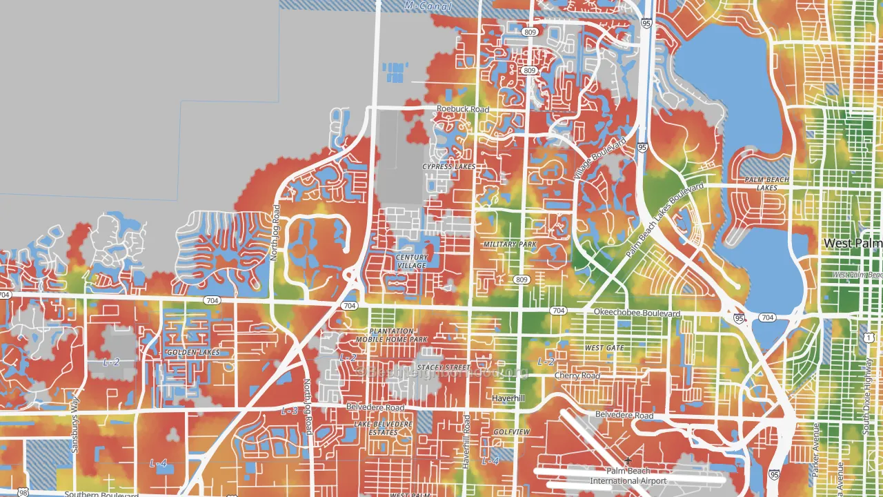 Walk Grade map of 33417, FL, walkable areas in green and car-dependent areas in red