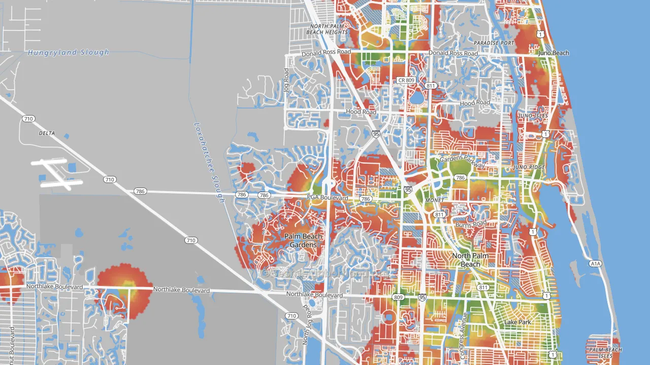 Walk Grade map of 33418, FL, walkable areas in green and car-dependent areas in red