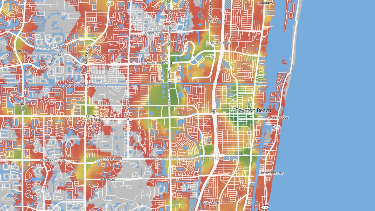 Walk Grade map of 33426, FL, walkable areas in green and car-dependent areas in red