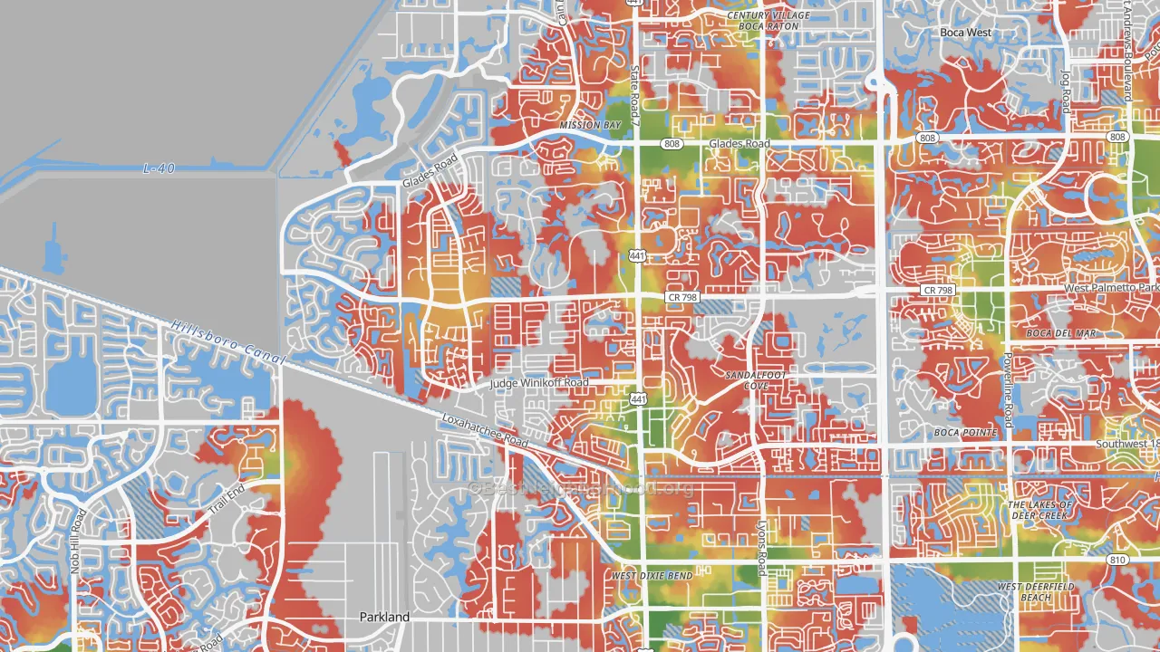 Walk Grade map of 33428, FL, walkable areas in green and car-dependent areas in red