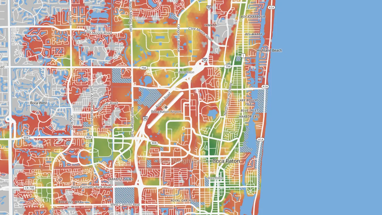 Walk Grade map of 33431, FL, walkable areas in green and car-dependent areas in red
