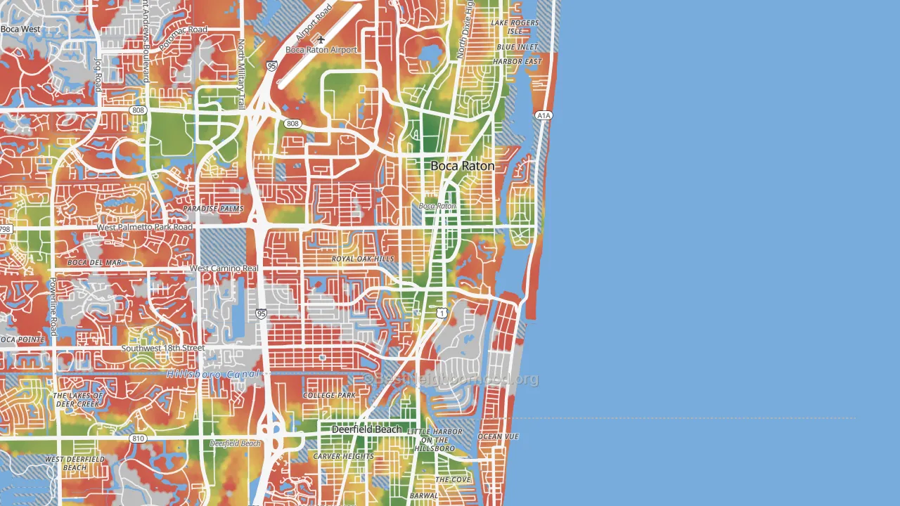 Walk Grade map of 33432, FL, walkable areas in green and car-dependent areas in red
